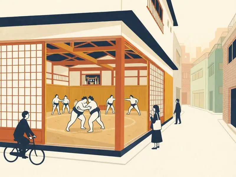 Ilustración: Entrenamiento matinal de sumo en el establo Arashio