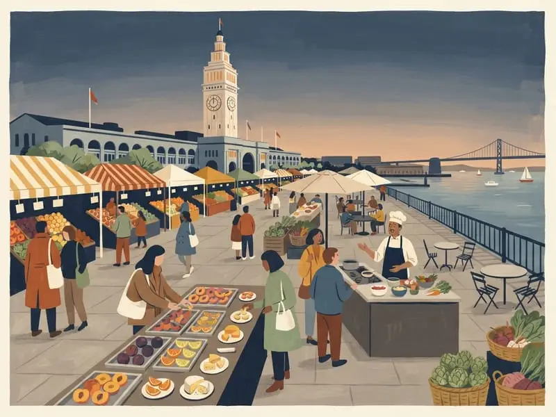 Ilustração: Amostras e demonstrações culinárias do Ferry Plaza Farmers Market