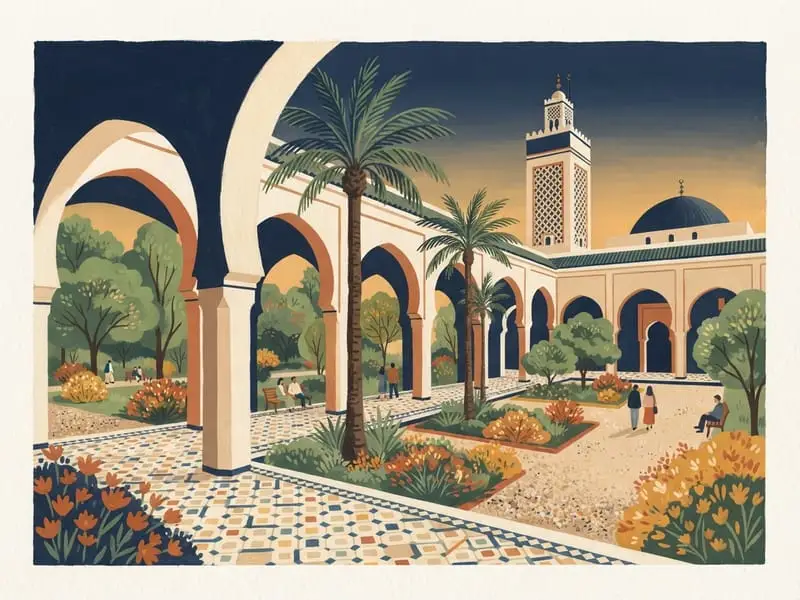 Ilustración: Grande Mosquée de Paris, patios y jardín
