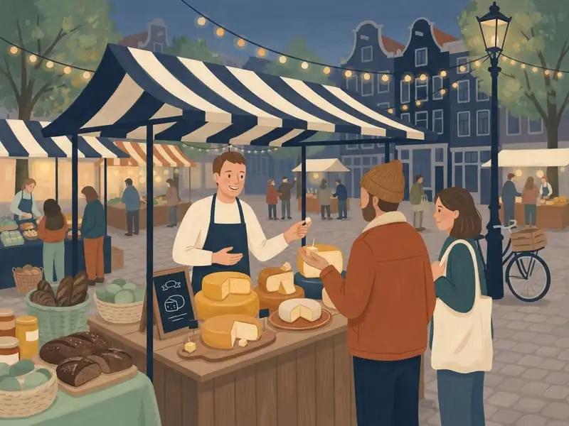 Illustrazione: Assaggi di formaggio al mercato dei contadini di Haarlemmerplein