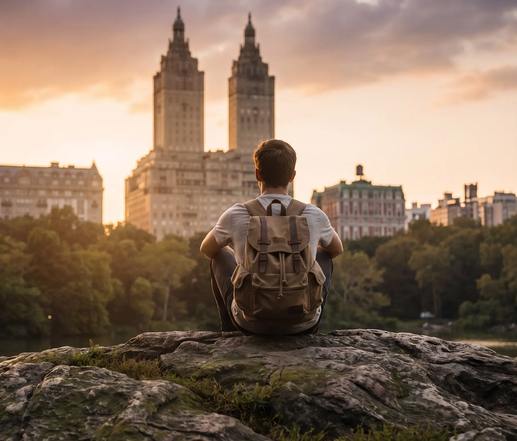 Traveler sitting on a rock in Central Park, looking at the Upper West Side skyline at sunset