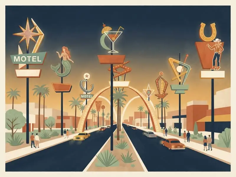 Illustration: Restored neon signs on Las Vegas Boulevard