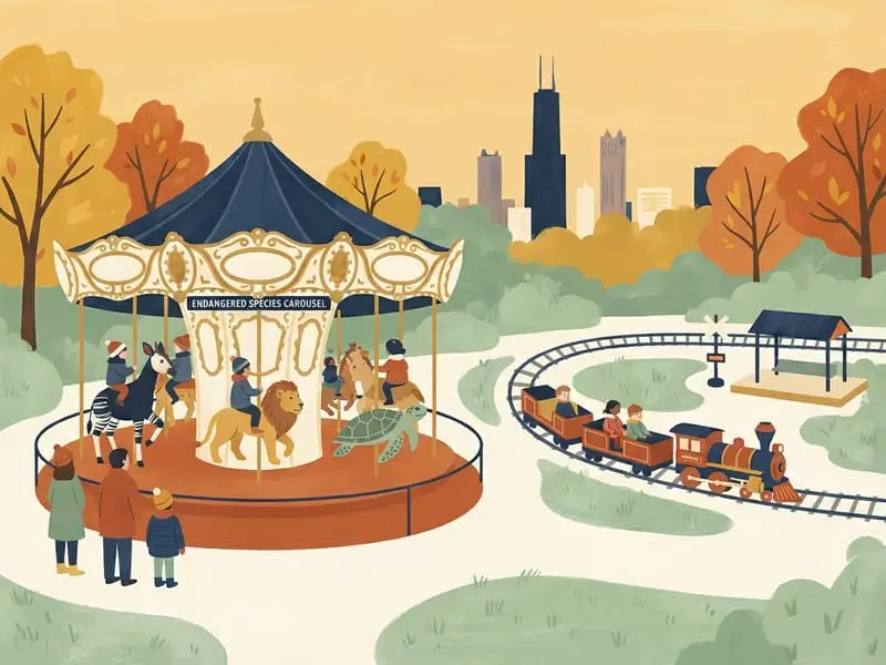 Ilustración: Endangered Species Carousel y Lionel Train