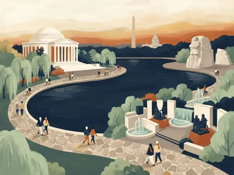Illustration: Tidal Basin loop: Jefferson, FDR and MLK memorials